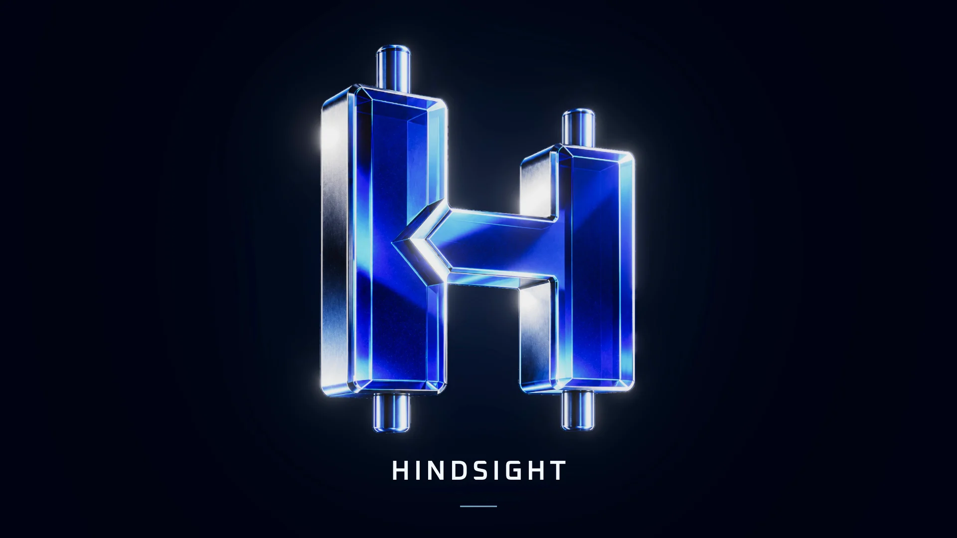 Hindsight: a sapphire H made of two candlesticks, above the word Hindsight.